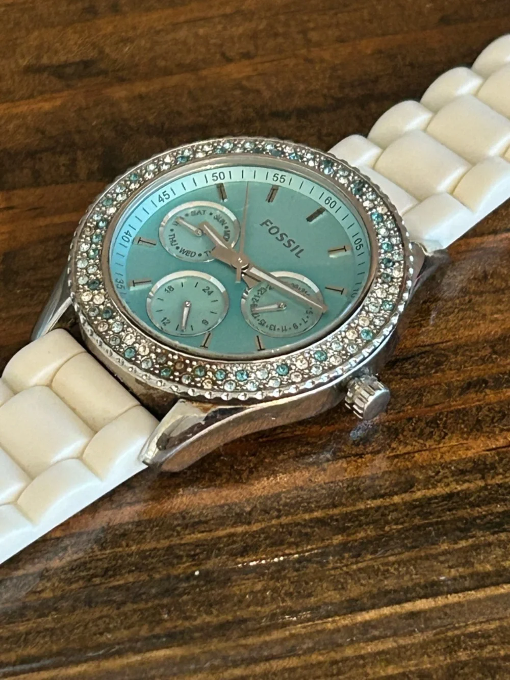 Fossil Turquoise Crystal-Bezel Silicone Strap Watch